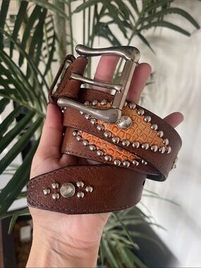 GUESS Genuine Leather Studded Western Belt | Brown | Rhinestone Accent |  33-37"
